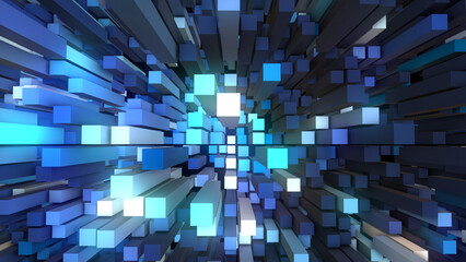 Poster - Blue geometric background. 3d pattern of rectangles, parallelepipeds, cubes. Minecraft. Relief field. Flow energy. Abstract art. Wave of musical mosaic. Poster games, presentations, business, websites