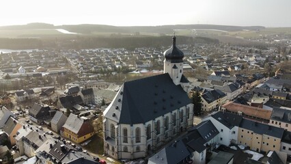 aerial view of a church in bad lobenstein in thuringia, germany
