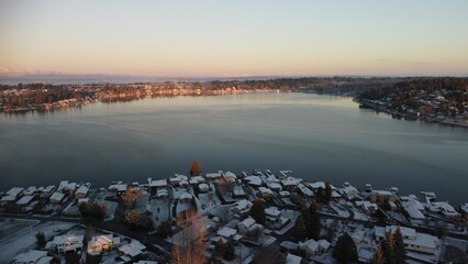 Poster - Aerial drone view of the eastside of Lake Stevens at sunset in winter