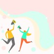 Illustration of people holding megaphones on a colorful background - announcement background