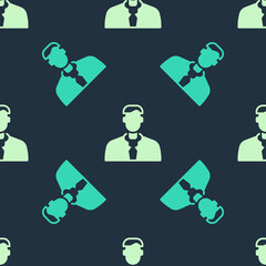Poster - Green and beige Worker icon isolated seamless pattern on blue background. Business avatar symbol user profile icon. Male user sign. Vector