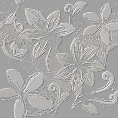 Poster - 3d embossed white floral seamless pattern. Textured beautiful flowers relief background. Repeat emboss backdrop. Surface leaves, branches. 3d endless light flowers. Hand drawn rough grunge ornaments