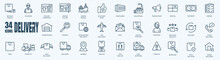 Line Icons Of Cargo Delivery. Illustration Included Icon As A Courier, Door Contact Less Delivering, Warehouse And Fast Delivery Stroke Pictogram.