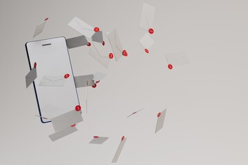 Poster - email on smartphone. social networks. letter in mobile phone email. correspondence in social networks. flying message patterns on a white background. email check. 3d render. 3d illustration