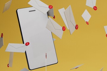 Poster - email on smartphone. social networks. letter in mobile phone email. correspondence in social networks. flying patterns of new messages on a yellow background. email check. possible spam. 3d render. 