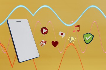 Poster - phone on yellow background. filling the function of the smartphone. Smartphone option icons in different colors flying out of the phone's big white screen. 3d illustration. 3d render