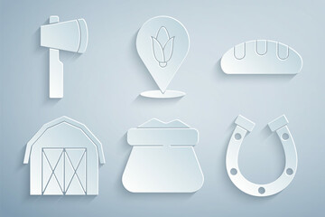 Sticker - Set Full sack, Bread loaf, Farm house, Horseshoe, Location corn and Wooden axe icon. Vector