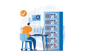 Leinwandbilder - server maintenance concept with people scene in flat cartoon design. man working at laptop in server