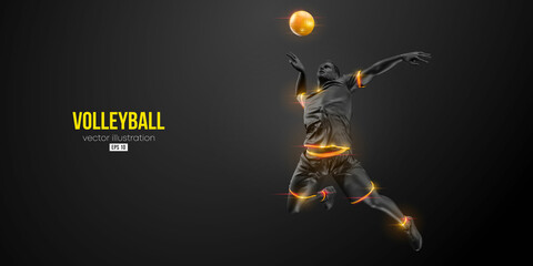 Abstract silhouette of a volleyball player on black background. Volleyball player man hits the ball. Vector illustration