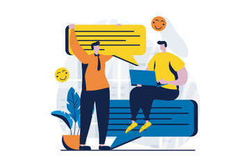 Aufkleber - Social network concept with people scene in flat cartoon design. Men write and send messages to each other, online communication and distant friendship. Vector illustration visual story for web