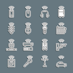 Sticker - Set line Smart car system with wireless, security camera, heating radiator, headphones, electric plug, traffic light, Wireless smartphone and bulb icon. Vector