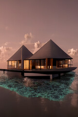 Wall Mural - Resort holidays in the Maldives. Sunset in the Maldives. House on the water, palm tree. 3D illustration.