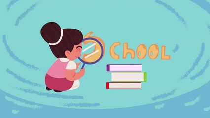 Wall Mural - little student girl with magnifying glass animation