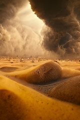 Fantasy desert landscape, sandstorm, sands, dunes. Empty desert landscape, dramatic sky clouds with sand, disaster. 3D illustration.