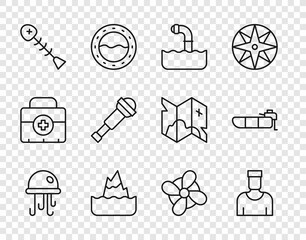 Canvas Print - Set line Jellyfish, Sailor captain, Periscope, Iceberg, Dead, Spyglass telescope lens, Boat propeller and Inflatable boat with motor icon. Vector