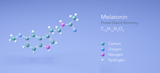 Poster - Melatonin, Pineal gland Hormony. Structural Chemical Formula and Atoms with Color Coding, 3d rendering