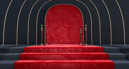 3D render of Staircase with red carpet and barriers in the end, luxurious staircase