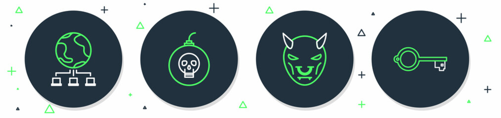 Poster - Set line Bomb ready to explode, Mask of the devil with horns, Computer network and Ancient key for game icon. Vector