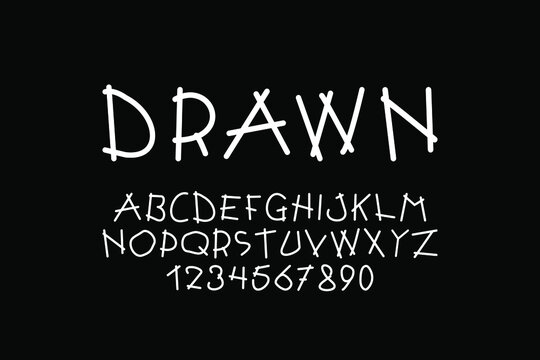 Vector designer cartoon alphabet. Trendy english font. White latin letters and numerals - doodle minimalistic style. New creative 