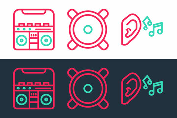 Poster - Set line Ear listen sound signal, Home stereo with speakers and Stereo icon. Vector