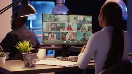 Poster - Office worker attending business meeting videocall conference with colleagues, talking on remote videoconference with webcam on computer. Online teleconference chat on internet app.