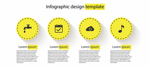 Poster - Set Water tap, Calendar with check mark, Cloud sync refresh and Music note, tone. Business infographic template. Vector