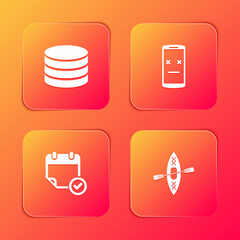 Poster - Set Database, Dead mobile, Calendar with check mark and Kayak and paddle icon. Vector