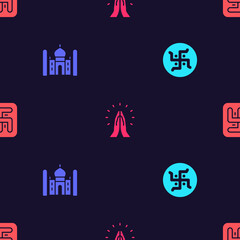 Poster - Set Hindu swastika, Taj Mahal, Hands praying position and on seamless pattern. Vector