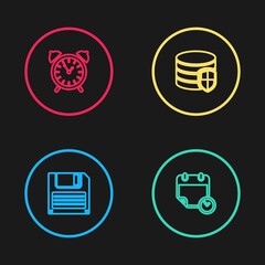 Poster - Set line Floppy disk, Calendar and clock, Database protection and Alarm icon. Vector