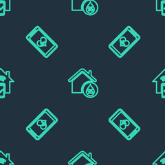 Sticker - Set line House humidity, Mobile with heart rate and Smart home remote control system on seamless pattern. Vector