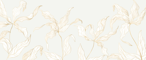Luxury art background with exotic flowers in gold color line style. Botanical tropical banner with hand drawn floral pattern for wallpaper, textile, print, interior design.