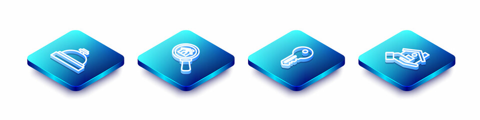 Poster - Set Isometric line Hotel service bell, Search house, House key and Realtor icon. Vector