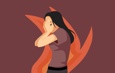 Wall Mural - Desperate Woman Covering Her Face Crying Vector Cartoon Illustration. Girl having a moral problem after personal decision feeling ashamed
