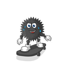 Sticker - sea urchin riding skateboard cartoon character vector