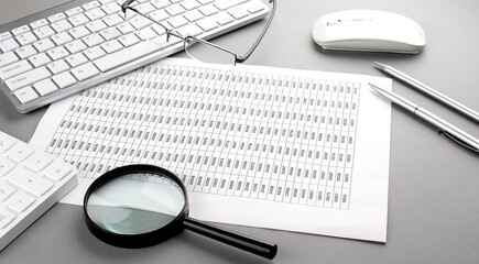 Poster - Office workplace table with chart and keyboard, Flat lay. Top view.