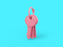 Pink Single Color Bunch Of Keys On A Blue Monochrome Background. Minimalistic Design Object. 3d Rendering Icon Ui Ux Interface Element.