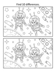 Wall Mural - Kittens the astronauts, or cosmonauts, in outer space. Find 10 differences picture puzzle and coloring page. Black and white.
