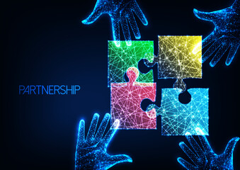 Wall Mural - Partnership, teamwork business concept with colorful puzzle pieces and human hands on dark blue