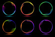 Set of glowing neon color circles round curve shape with wavy dynamic lines isolated on black background
