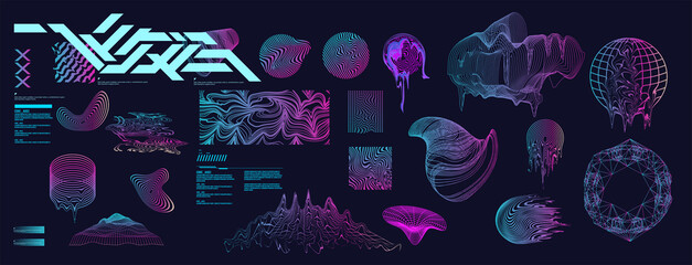 Wall Mural - holographic retro futuristic 80s-90s style. cyberpunk concept. neon shapes with glitch, shapes desig