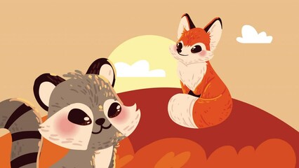 Sticker - raccoon and fox animals animation