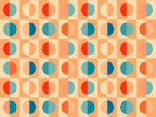 Groovy Retro Abstract Seamless Pattern Background In Retro Color Palette Blue Orange. Half Circles Checkerboard Vintage Backdrop, Vector Hippy 60s Walpaper, Texture, Textile Geometric Design.