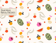 Fruits Seamless Hippie Pattern, Watermelon, Pomegranate, Banana, Peach	