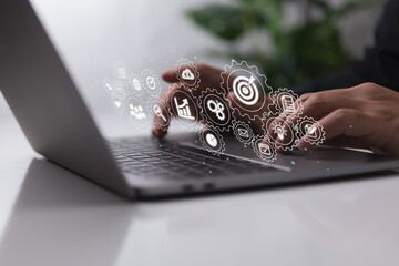 Fototapete - Business planning principles, high-performance business processes and workflows, issue solving, quality control, and long-term business assessment monitoring.