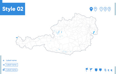 Austria - stroke map isolated on white background with water and roads. Vector map