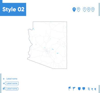 Arizona, USA - stroke map isolated on white background with water and roads. Vector map