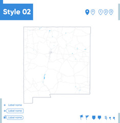 New Mexico, USA - stroke map isolated on white background with water and roads. Vector map
