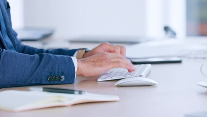 Poster - Close up of businessman hands typing on keyboard. Accountant doing his month end reconciliations in office. Financial advisor working on taxes with notebook, pen, mouse and phone lying on desk