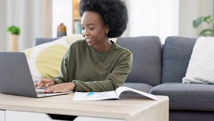 Aufkleber - Female student studying using laptop and making notes to prepare for exams or research for college assignment. African paralegal lawyer studying for online degree and reading case study documents