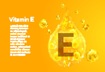 Wall Mural - Vitamin E. Baner with vector images of golden drops with oxygen bubbles. Health concept.